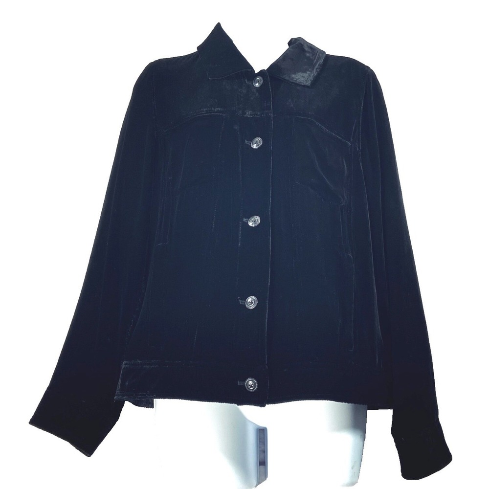J. JILL Black Stretch Velvet BUTTON-UP JACKET TOP Rayon/Silk POCKETS Lined SZ S